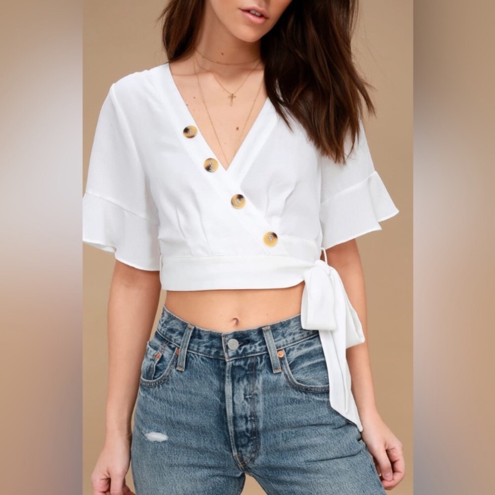 Lulus Envie White Wrap Crop Top, Size Small